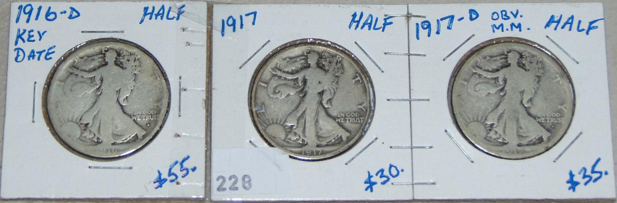 1916-D, 1917, 1917-D Walking Liberty Half Dollars.