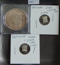 1922 Peace Dollar VF. 2 1 Gram Valcambi-Swiss