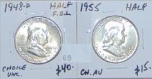 1948-D FBL, 1955 Franklin Half Dollars UNC,. AU.
