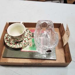 CRYSTAL GLASS PIECE and CUP/SAUCER