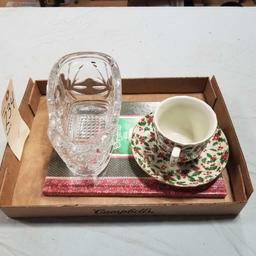 CRYSTAL GLASS PIECE and CUP/SAUCER