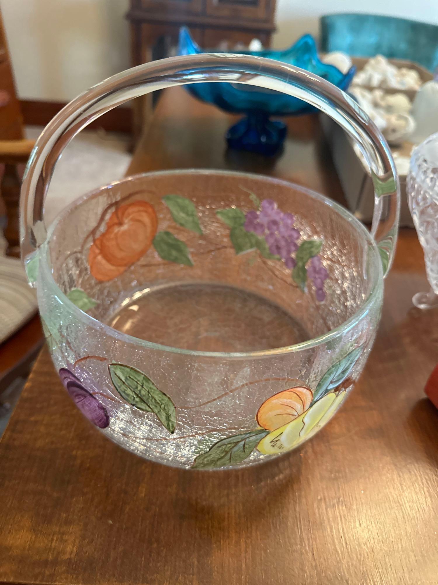 3 painted glasses with candles, glass basket, etc