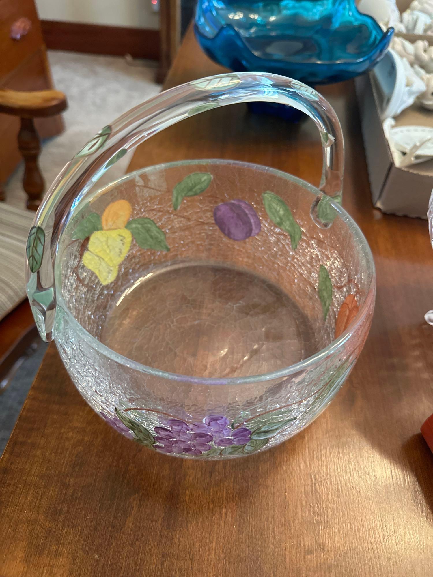 3 painted glasses with candles, glass basket, etc
