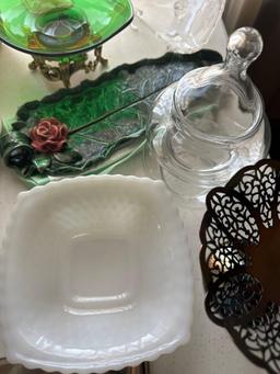 Glass bowl, crumb scraper, amber compote candy dish.......Shipping