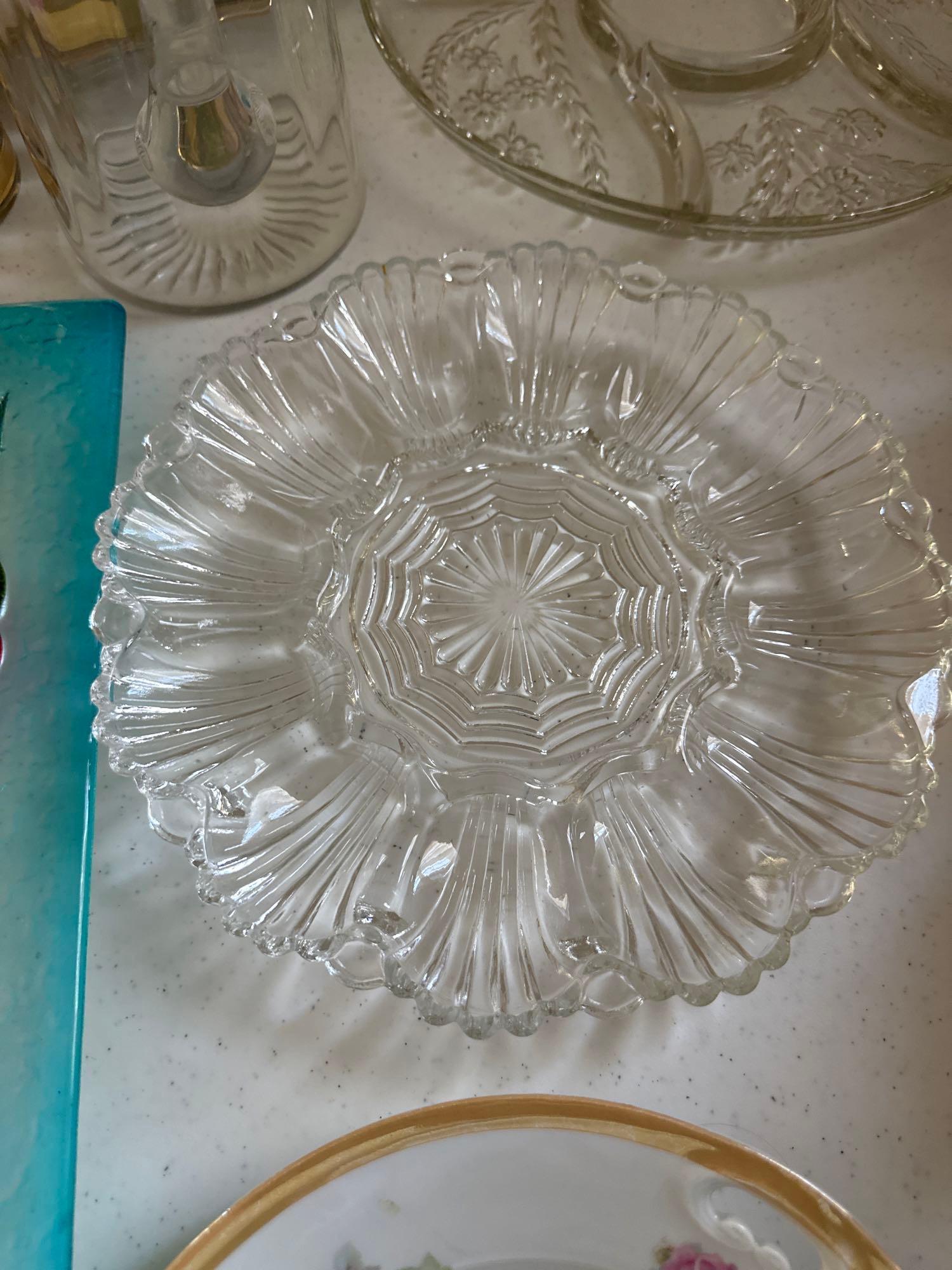 Mikasa Pink Rosella platter with large embossed glass crystal Canape tray, lead crystal bowls, devil