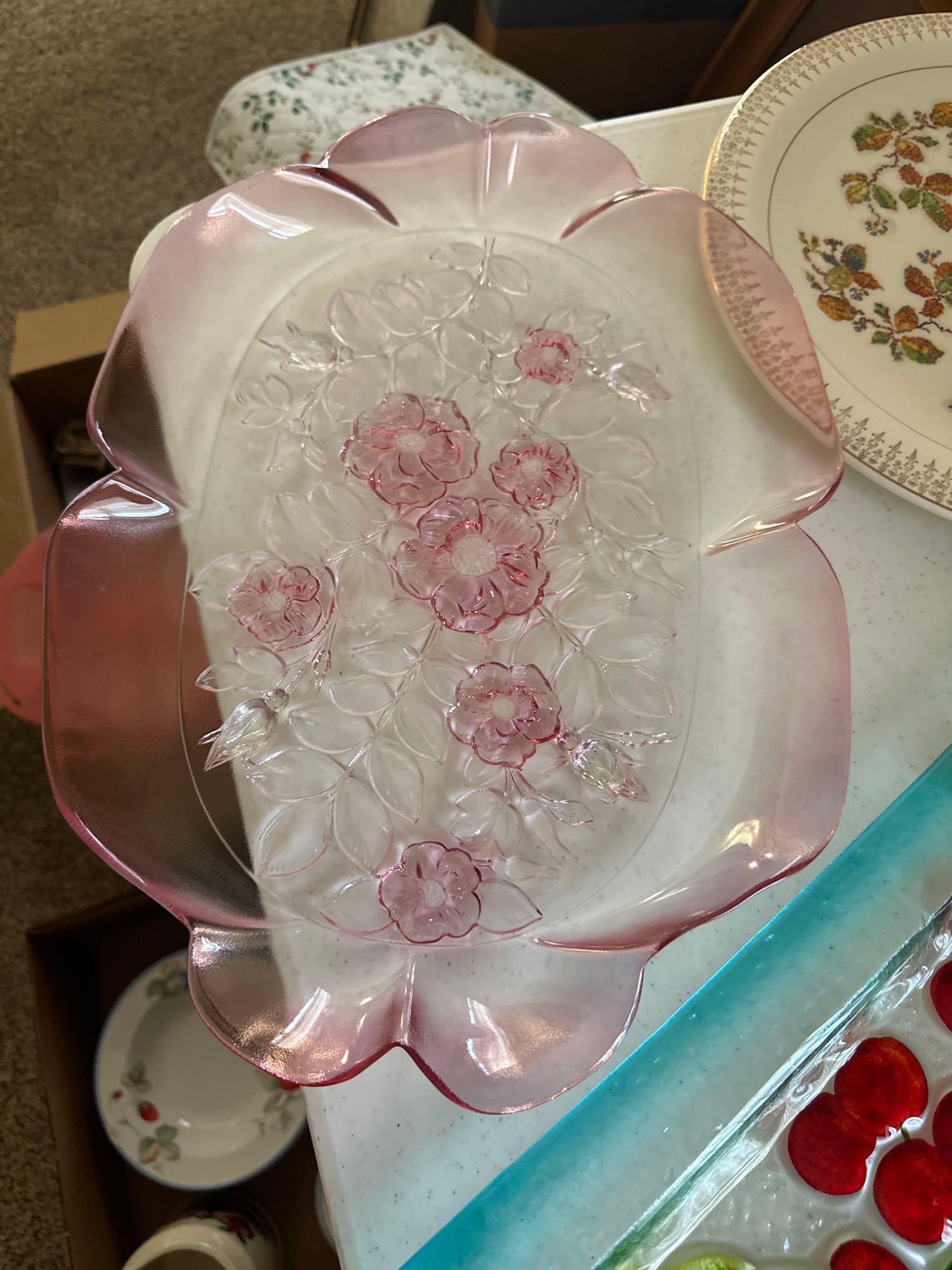 Mikasa Pink Rosella platter with large embossed glass crystal Canape tray, lead crystal bowls, devil
