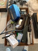 Box of office and desk supplies, dictaphone, etc