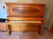 S.W Miller Piano Co. New Improved Cabinet Grand Overstrung Scale Fully Warranted Established 1898,
