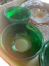 Green depression bowls, candlewick 2 handle bowl, iridescent purple and marigold flower Carnival