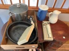 Assorted pots and pans, electric knife and coffee pot