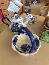 Vintage cobalt blue tea set, bowl, cow, etc.