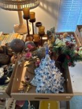 Blue ceramic lighted christmas tree, vintage Santa music box, Santa figurine carrying children, etc