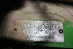 JD A Styled Tractor w/NF 12V., VG 12.54-38 Tires -Good Paint