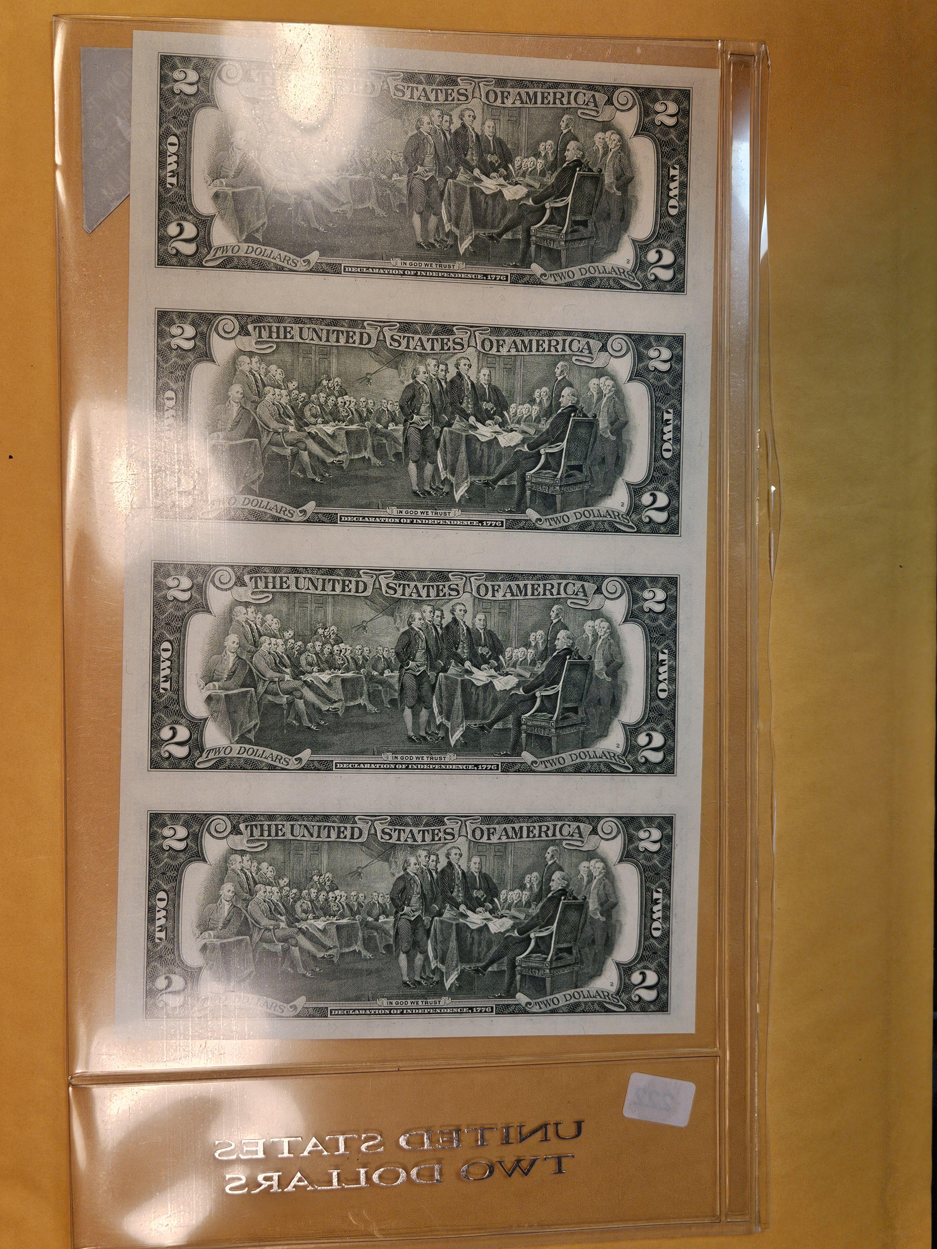 Original BEP Uncut Sheet of Crisp Uncirculated Two Dollar notes