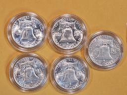 Five Brilliant silver Franklin half dollars