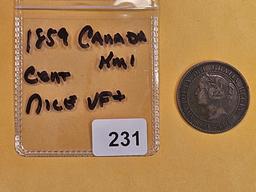 Key 1859 Canada large cent in Very Fine plus