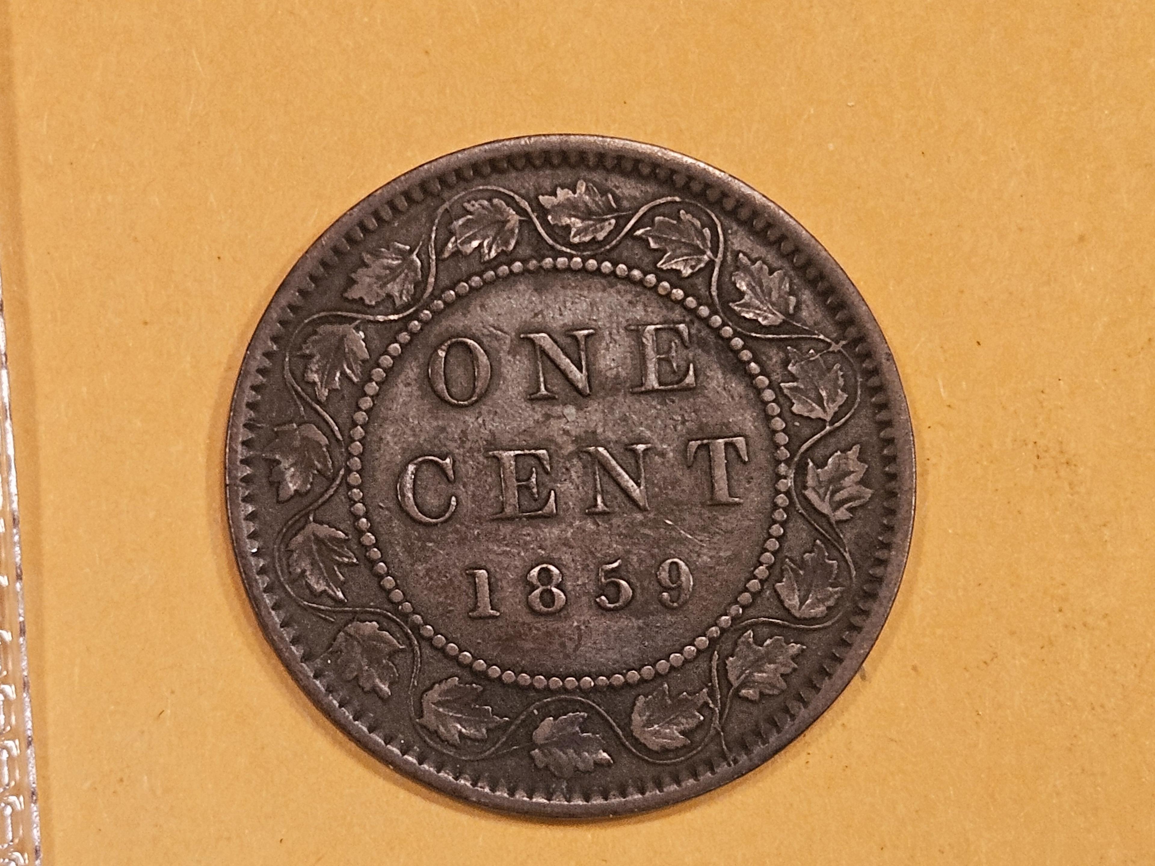 Key 1859 Canada large cent in Very Fine plus