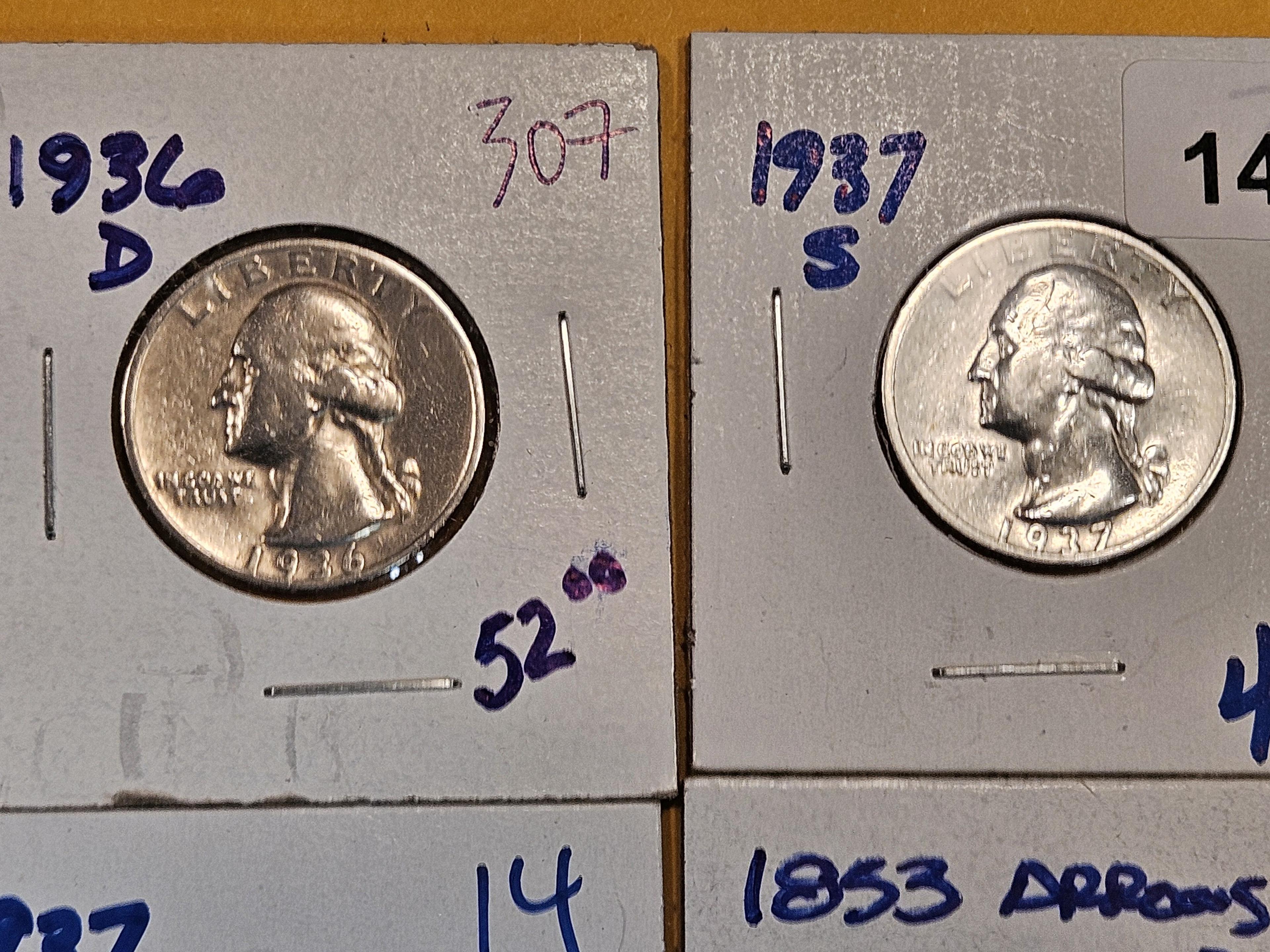 Four mixed silver quarters