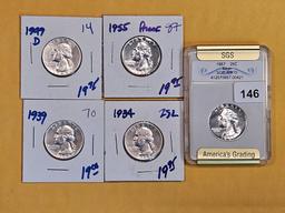 Five silver Washington Quarters