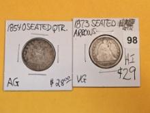 Two little better date Seated Liberty silver Quarters