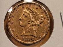 GOLD! 1906-D Liberty Head Gold Five Dollars in AU-Uncirculated