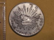 About Uncirculated 1887 Zs F.Z. Mexico silver 8 reales