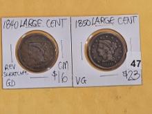 1840 and 1850 Braided Hair Large Cents
