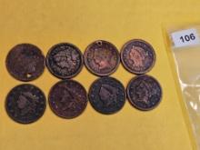 Eight Coronet and Braided Hair Large Cents
