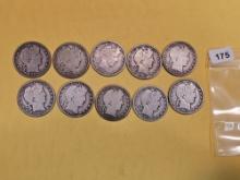 Ten mixed silver Barber Half Dollars