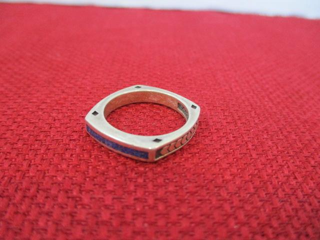 Sterling Silver Artisan Estate Ring with Blue Sapphire Inlay