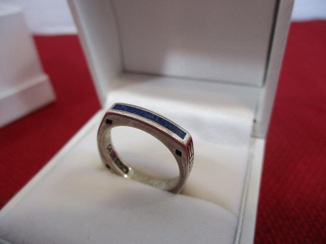 Sterling Silver Artisan Estate Ring with Blue Sapphire Inlay