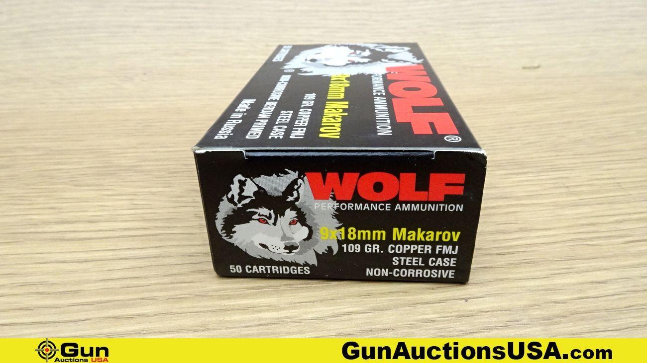 Wolf 9x18mm Makarov Ammo. Total Rds.- 436; 9x18mm Makarov 109 Gr. Copper FMJ Steel Case. Non-Corrosi