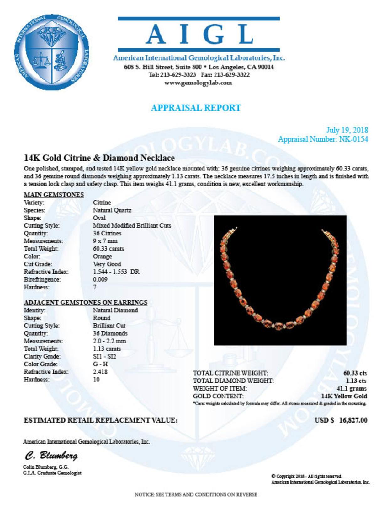 14K Gold 60.33ct Citrine Diamond Necklace