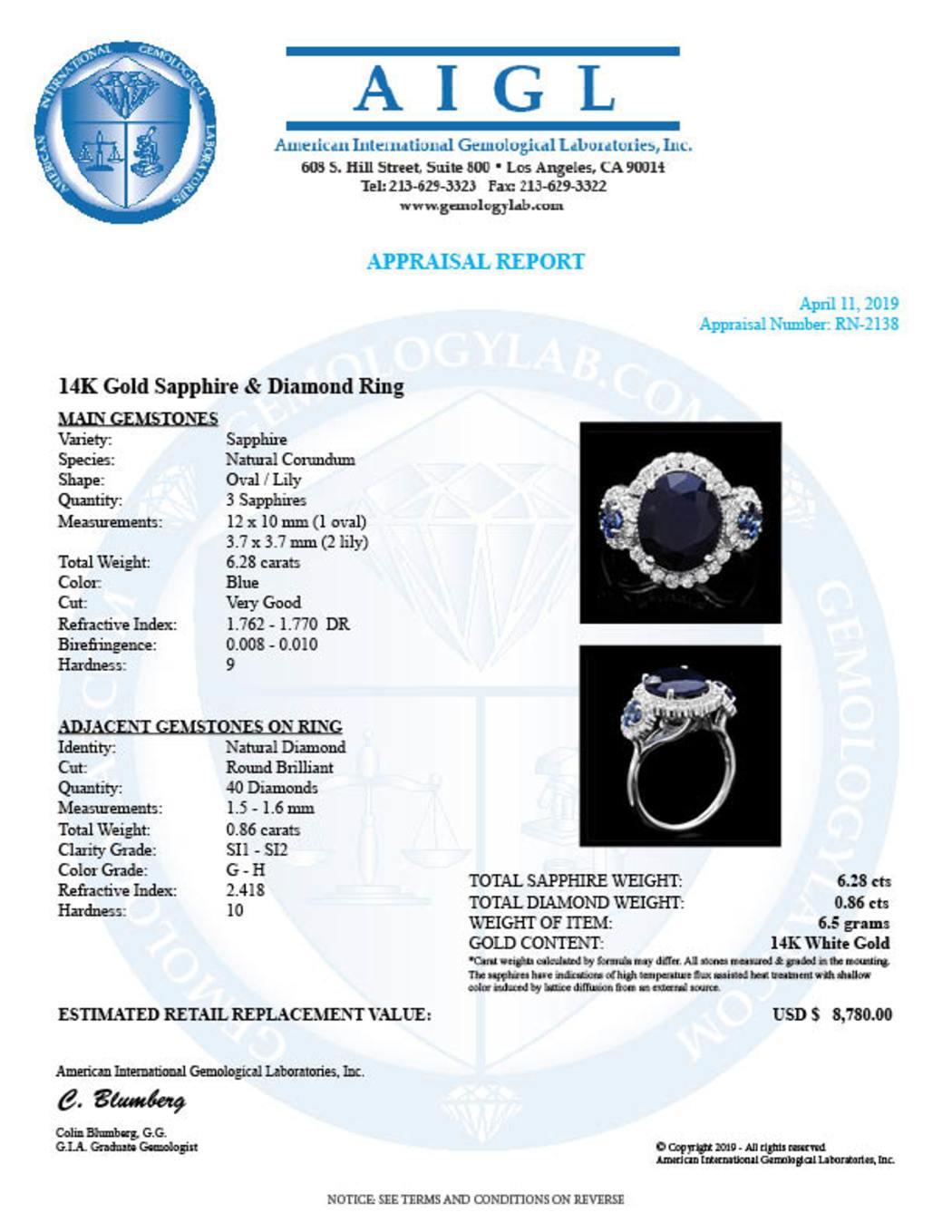14K White Gold 6.28ct Sapphire and 0.86ct Diamond Ring