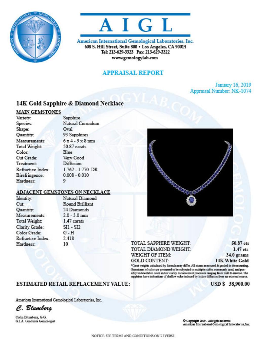 14K White Gold 50.87ct Sapphire and 1.47ct Diamond Necklace