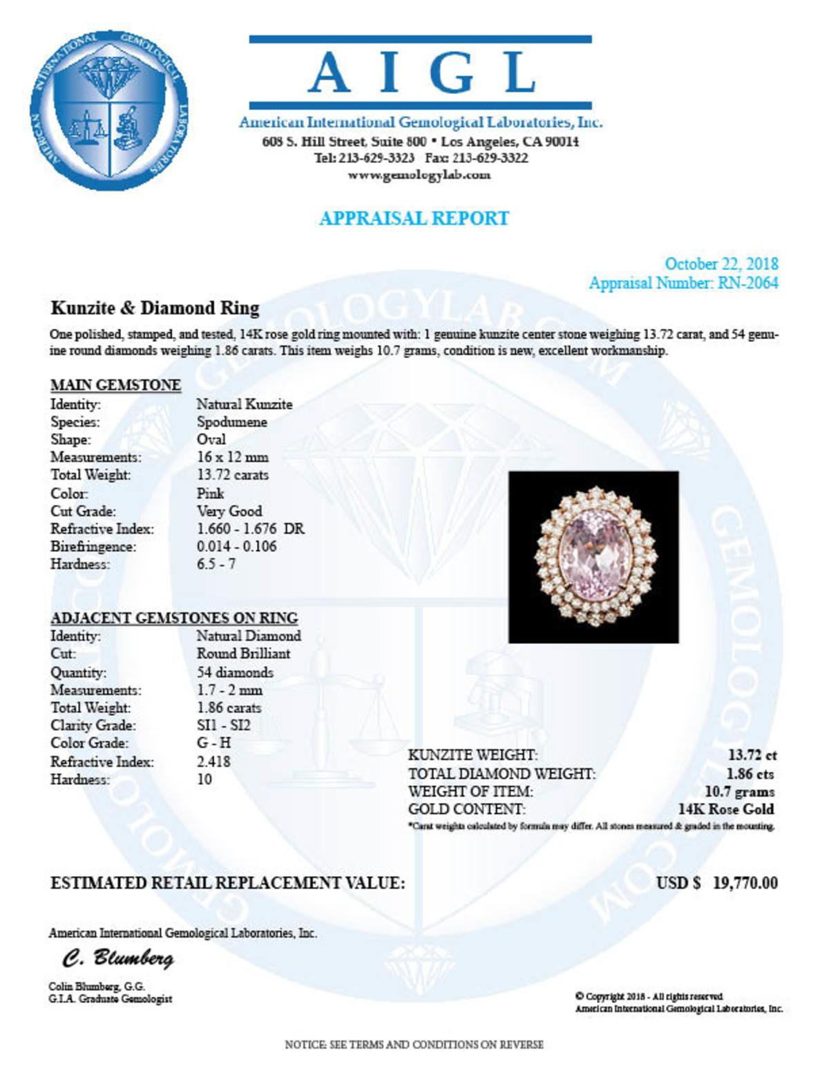 14K Rose Gold 13.72ct Kunzite and 1.86ct Diamond Ring