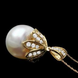 14K Gold 17mm Pearl 1.22ct Diamond Pendant