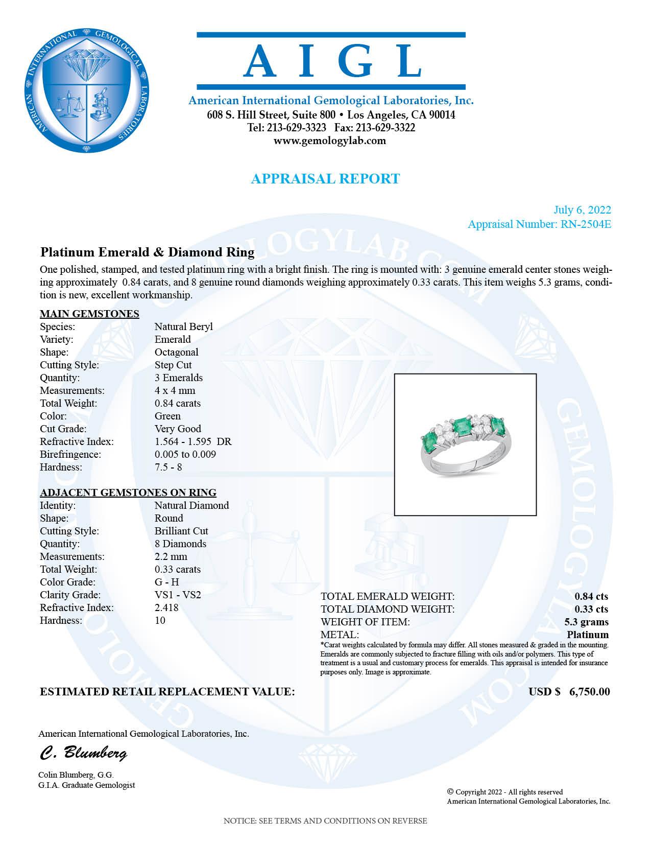 Platinum Setting wit 0.84ct Emerald and 0.33ct Diamond Ladies Ring