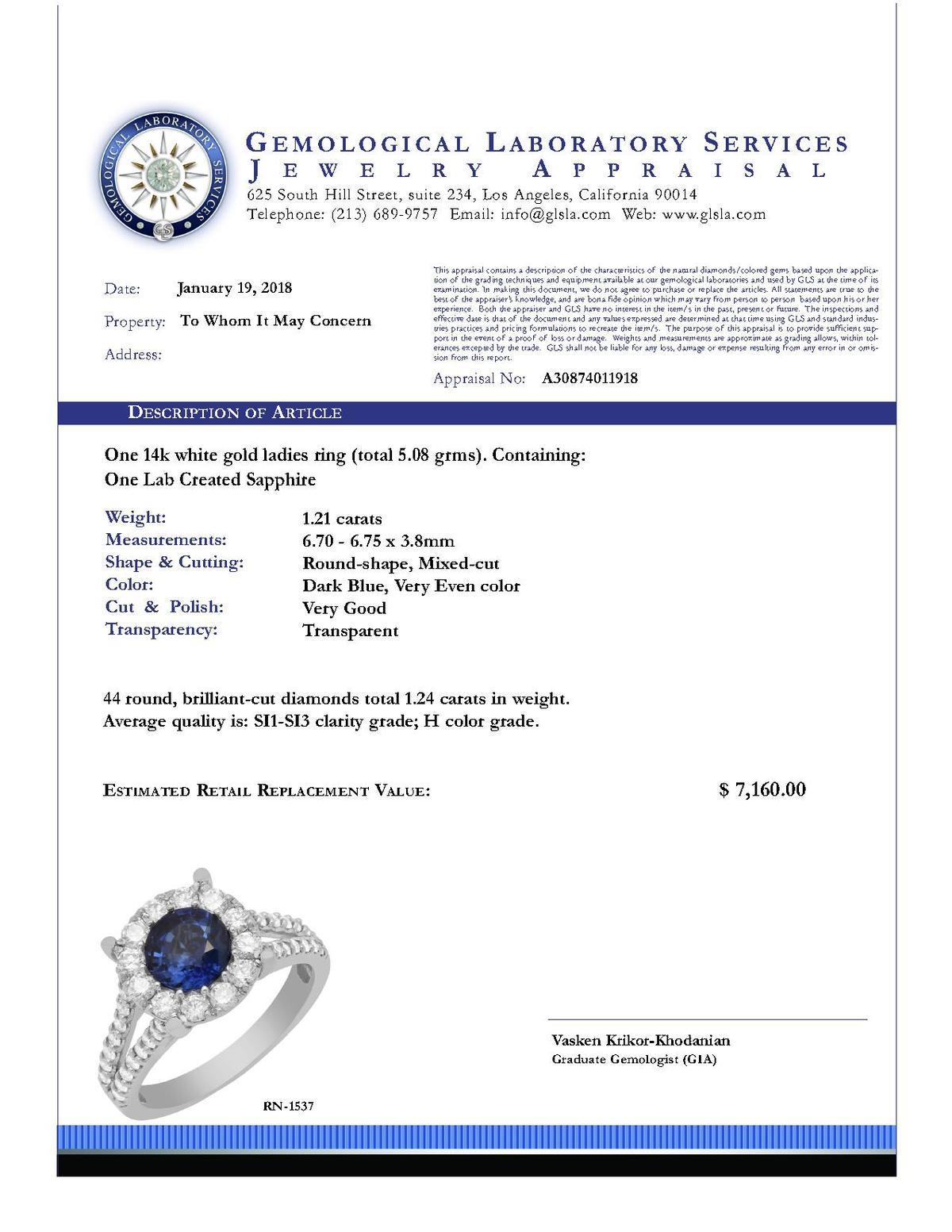 14k White Gold 1.21ct Lab Created Sapphire 1.24ct Diamond Ring