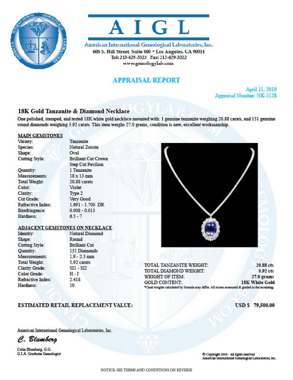 18K White Gold 20.88ct Tanzanite and 5.92ct Diamond Necklace