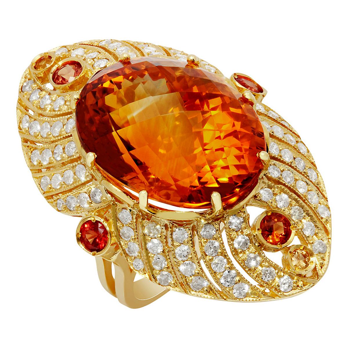 14k Yellow Gold 25.16ct Citrine 0.95ct Sapphire 1.75ct Diamond Ring