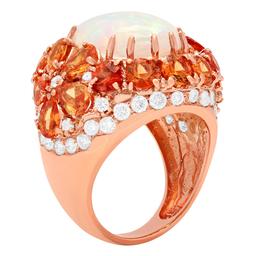 14k Rose Gold 7.02ct White Opal 9.56ct Orange Sapphire 2.28ct Diamond Ring