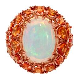 14k Rose Gold 7.02ct White Opal 9.56ct Orange Sapphire 2.28ct Diamond Ring