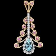 14K Gold 3.87ct Aquamarine 1.46ct Sapphire and 0.77ct Diamond Pendant