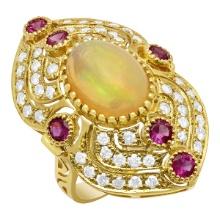 14k Yellow Gold 3.90ct Ethiopian Opal 0.90ct Ruby 1.49ct Diamond Ring