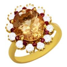 14k Yellow Gold 4.65ct Morganite 0.50ct Ruby 1.05ct Diamond Ring