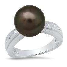 14K White Gold Setting with one 11mm Tahitian Pearl and 0.04ct Diamond Ladies Ring