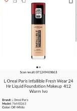 L'Oreal Infallible Fresh Wear 24H Liquid Foundation Makeup, 412 Warm Ivory, Retail $18.00