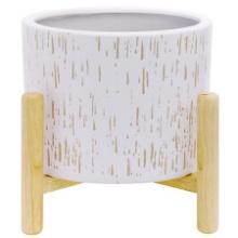 Better Homes & Gardens White Round Ceramic and Wood Planter & Stand Set