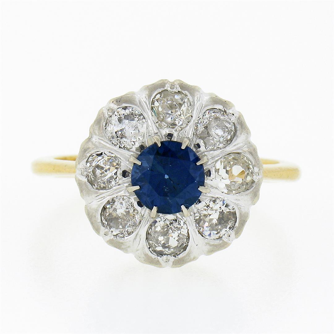 Antique FRENCH 18k TT Gold GIA NO HEAT Sapphire & Diamond Flower Cluster Ring